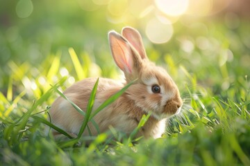 Capture a high-angle view of a fluffy, curious rabbit on a lush green meadow, under warm sunlight, showcasing its soft fur and twitching nose Utilize watercolor technique to bring out its gentle and a