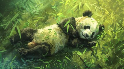 Obraz premium Capture a high-angle view of a playful panda lounging on a bed of vibrant green bamboo, under soft filtered sunlight Emphasize the pandas fluffy fur and soulful eyes Utilize watercolor effects for a d