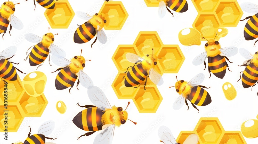 Poster buzzing harmony: a pattern of bees fluttering over a honeycomb background.