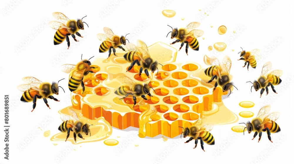 Poster beehive symphony: a whimsical pattern of bees on a background of honeycomb.
