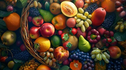 Capture a mesmerizing worms-eye view of a vibrant fruit gift basket, showcasing luscious, ripe fruits in vivid colors and intricate details Incorporate a blend of digital techniques to create a photor