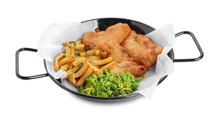 Tasty fish, chips and peas isolated on white