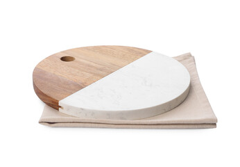 Empty cutting board and napkin isolated on white