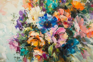 Capture the beauty of a blooming, vibrant floral arrangement from a dynamic tilted angle, showcasing its intricate details in rich oil paints