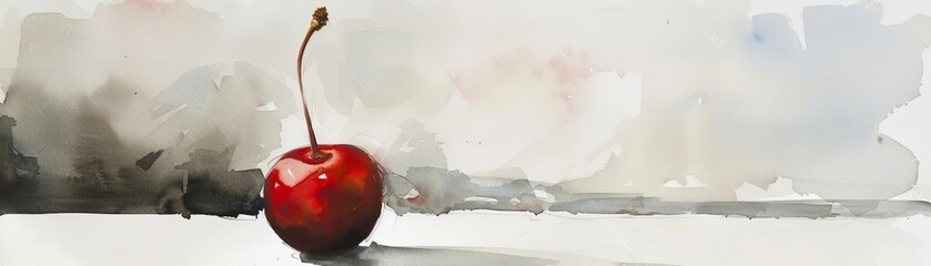 Capture the elegance of a lonesome cherry standing out against a vast, minimalist backdrop in watercolor, emphasizing rich red tones and delicate details Let the contrast embody simplicity and sophist