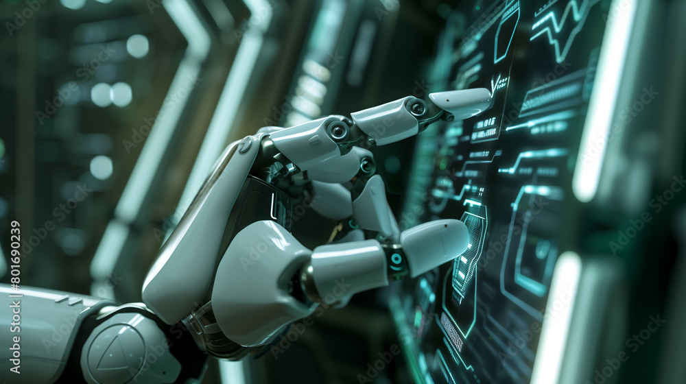 Poster a robot is touching a screen with a blue circle on it. the robot is made of metal and has a mechanic