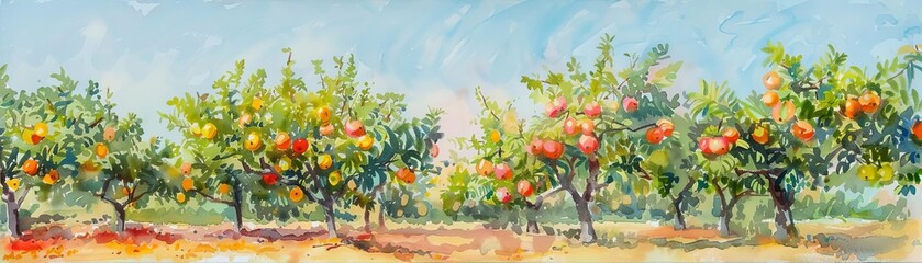 Capture the essence of a bountiful fruit farm in a watercolor painting, showcasing a sweeping panoramic view of colorful trees heavy with juicy fruits under a clear blue sky