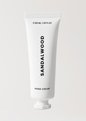 Sandalwood hand cream, white tube, simple skincare packaging design