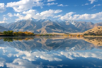 Fototapeta na wymiar Peak Paradise: A Majestic Mountain Lake Framed by a Boundless Blue Sky.