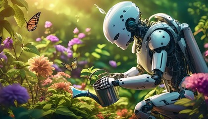 Fototapeta premium A humanoid robot with a green, leaf-patterned exterior, tending to a lush garden. 