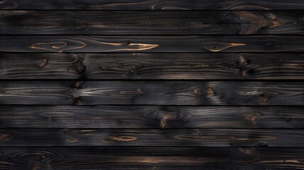 Close-up of charred wood planks with a dark, textured surface, featuring natural grain patterns and occasional glowing amber highlights.