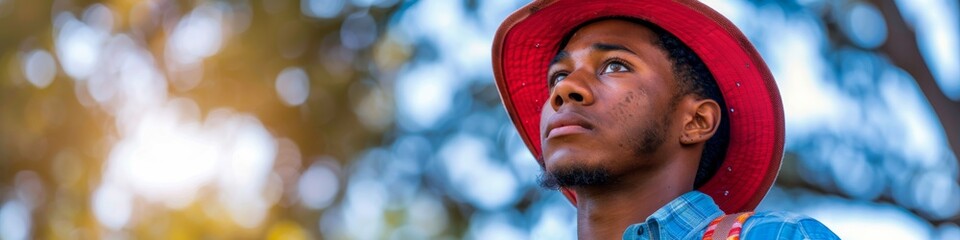 Young Man in a Red Hat Looking Upward with Hopeful Expression
