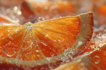 Close-up of a juicy orange slice with water drops. - obrazy, fototapety, plakaty