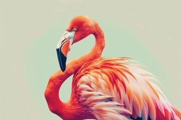 Craft a high-angle view of a flamingo in a minimalist, abstract style, using clean lines and bold colors to create a striking and unique image that would be ideal for a trendy magazine cover or artist