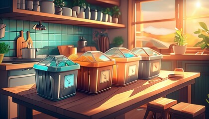 A cozy kitchen scene with different bins labeled for glass, paper, and plastics. The kitchen