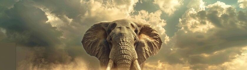 Craft a photorealistic CG 3D image of an elephant from a low-angle perspective, detailing each individual hair and highlighting the sheer power and grace of this magnificent creature against a dramati