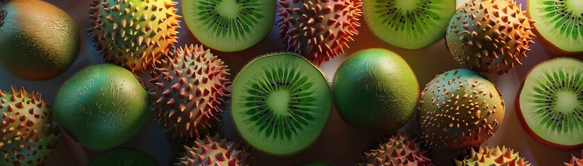 Craft a photorealistic image of a birds-eye view of a tropical fruit paradise using CG 3D techniques Illustrate a bounty of succulent kiwis, passion fruits & lychees arranged in an exotic pattern, enh
