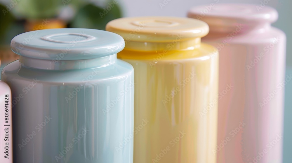 Poster a set of four tall and narrow ceramic jars with fitted lids each one in a different pastel color and