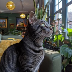 Grey Cat in a Lush Greenhouse Looking Out Thoughtfully