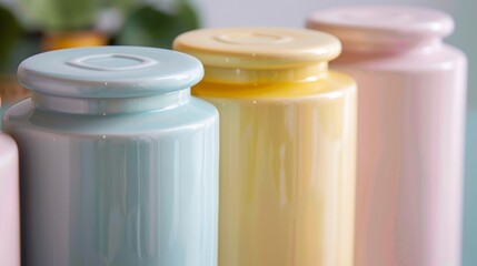 A set of four tall and narrow ceramic jars with fitted lids each one in a different pastel color and ideal for storing craft supplies like paintbrushes or markers..