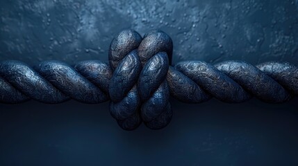 A close up of a dark blue rope tied in a knot against a dark blue background. - obrazy, fototapety, plakaty