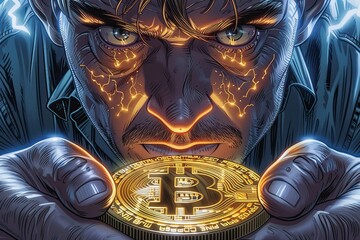 A close up of a man holding a gold bitcoin.