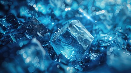 A close-up of a blue ice cube with a shallow depth of field.