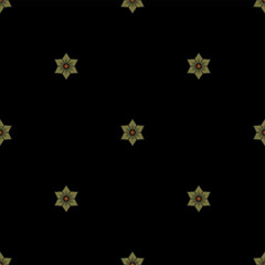 Seamless polka dot pattern with small star shapes or stylized flowers. Om brown red maroon background.