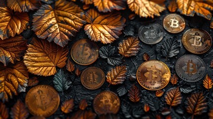 A collection of copper bitcoins scattered on a bed of fallen leaves.