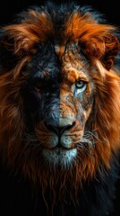 Fototapeta premium A close-up portrait of a lion with half of its face in shadow.