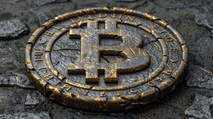 Obraz premium A gold and stone coin with the Bitcoin symbol on it.