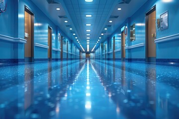 A long blue hospital hallway with shiny floor reflecting the lights on the ceiling.