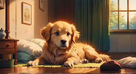 Golden retriever lying on a green rug in a cozy room illuminated by warm sunlight.