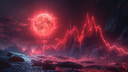 Red moon glowing over a mountain range with red glowing rocks and a starry sky