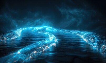 Underwater glowing blue electric eels