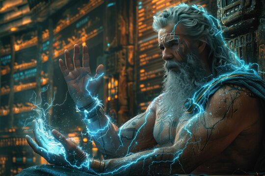 Zeus, the god of thunder, sits on his throne in a ruined city. He is old and powerful, with a long white beard and a muscular build. His eyes are glowing with power, and he is surrounded by lightning