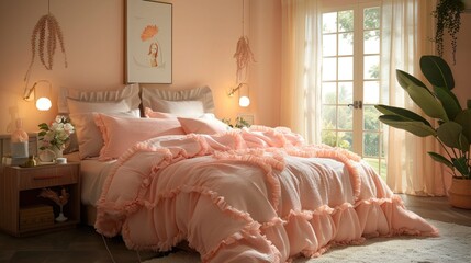 Soft Peach Fuzz Bedding in Modern Trendy Bedroom