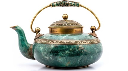 Antique green kettle made of jade and brass. With beautiful patterns, kettle tea or coffee and hot water
