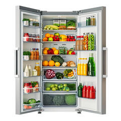 modern refrigerator with door open, filled with very less different food, white background PNG
