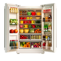 modern refrigerator with door open, filled with very less different food, white background PNG