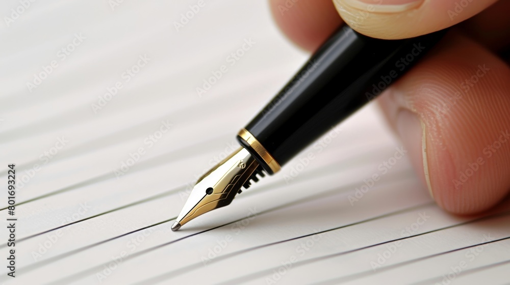 Poster a closeup photo of a persons hand holding a pen and writing on a lined paper representing the use of
