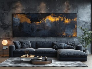 Dark blue abstract painting. Blue velvet modular sofa. Dark blue carpet. Metal coffee table with black tray and white vase. White floor lamp. Potted plant in the corner.