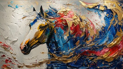 Gold Horse Abstract Oil Painting with Bold Brushstrokes and Splatters - Large Mural Wall Art