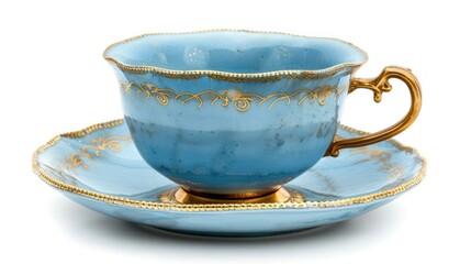 antique porcelain blue tea cup on saucer with gold edging isolated - obrazy, fototapety, plakaty