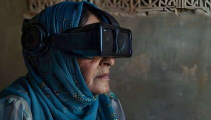 Elderly muslim woman wearing virtual reality glasses from her home