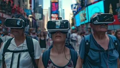 Three people of different ages wearing virtual reality glasses on the modern streets of New York City

