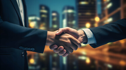 A handshake between partners under city lights