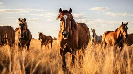 A herd of wild horses grazing in a protected natural reserve,