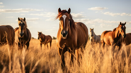 Obraz premium A herd of wild horses grazing in a protected natural reserve,