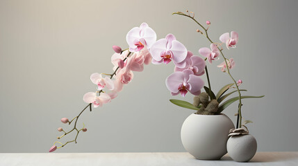 A minimalist floral composition featuring orchids and succulents,